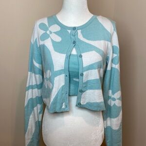 Light Blue & White Floral Pattern Tank and Cardigan Sweater Set Size S